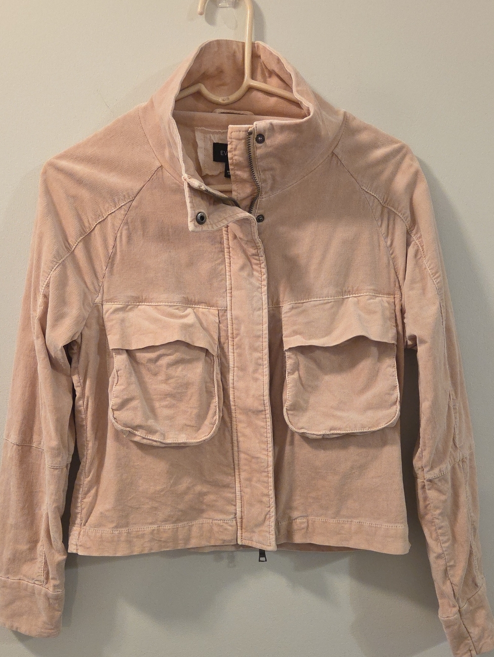 Evereve Corduroy Beige Utility Cropped Camp Jacket Full Zip Mock Neck